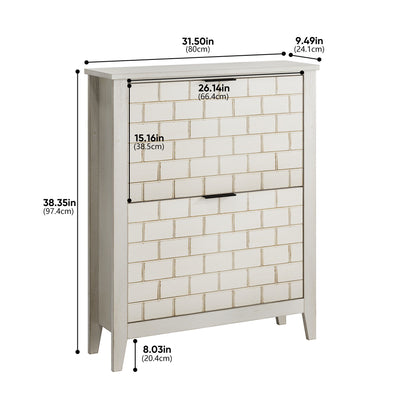 Retro Shoe Storage Cabinet, Mid Century Vintage Freestanding With 2 Flip Drawers, Suitable For Entryway - Retro White / White / Vintage