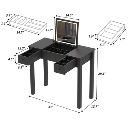Vanity Table With LED Lights, Flip-Top Mirror And 2 Drawers, Jewelry Storage