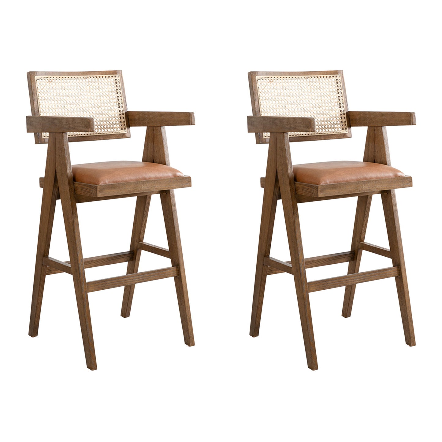Harley - Nutmeg Brown Solid Wood And Rattan Upholstered 30" Bar Height Barstool