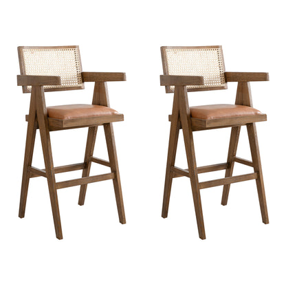 Harley - Nutmeg Brown Solid Wood And Rattan Upholstered 30" Bar Height Barstool