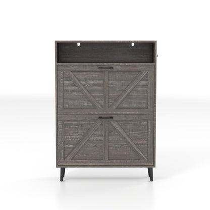 Farmhouse Shoe Storage Cabinet With Barn Door Design, 2 Flip Drawers, Hooks - Dark Oak