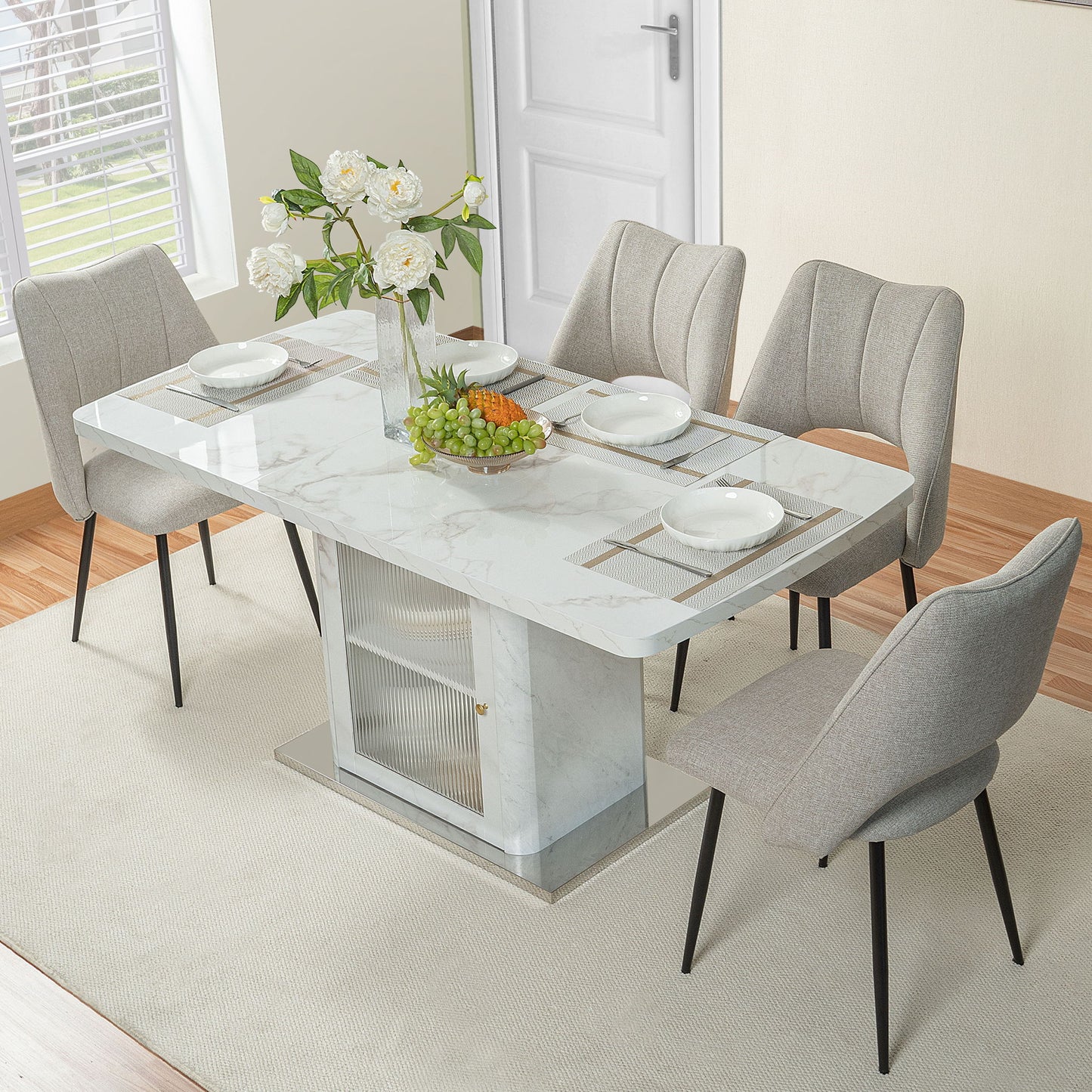 Modern Rectangle Dining Table With Stretchable Top, Storage Cabinet