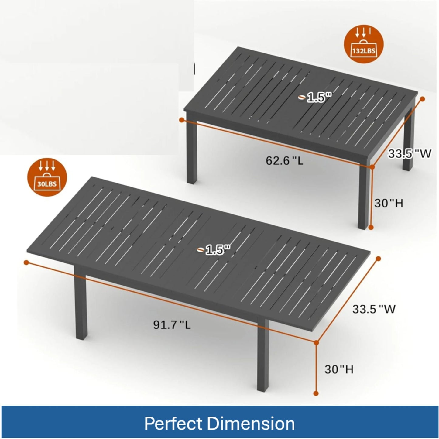 Extendable Outdoor Dining Table, All Weather, Slatted Top, Rust Proof - Gray