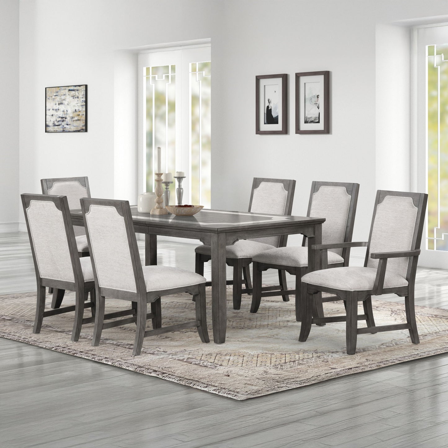 Lisbon - 7 Piece Dining Room Set (Rectangle Dining Table With 4 Chairs & 2 Arms Chairs) - Dark Gray / Gray
