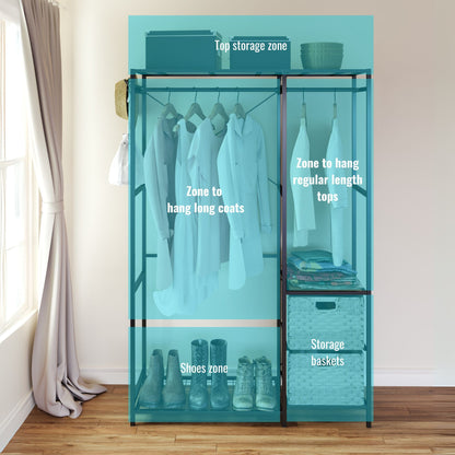 Garment Rack With Shelves, 2 Wicker Drawers, 4 Hooks, Organizer