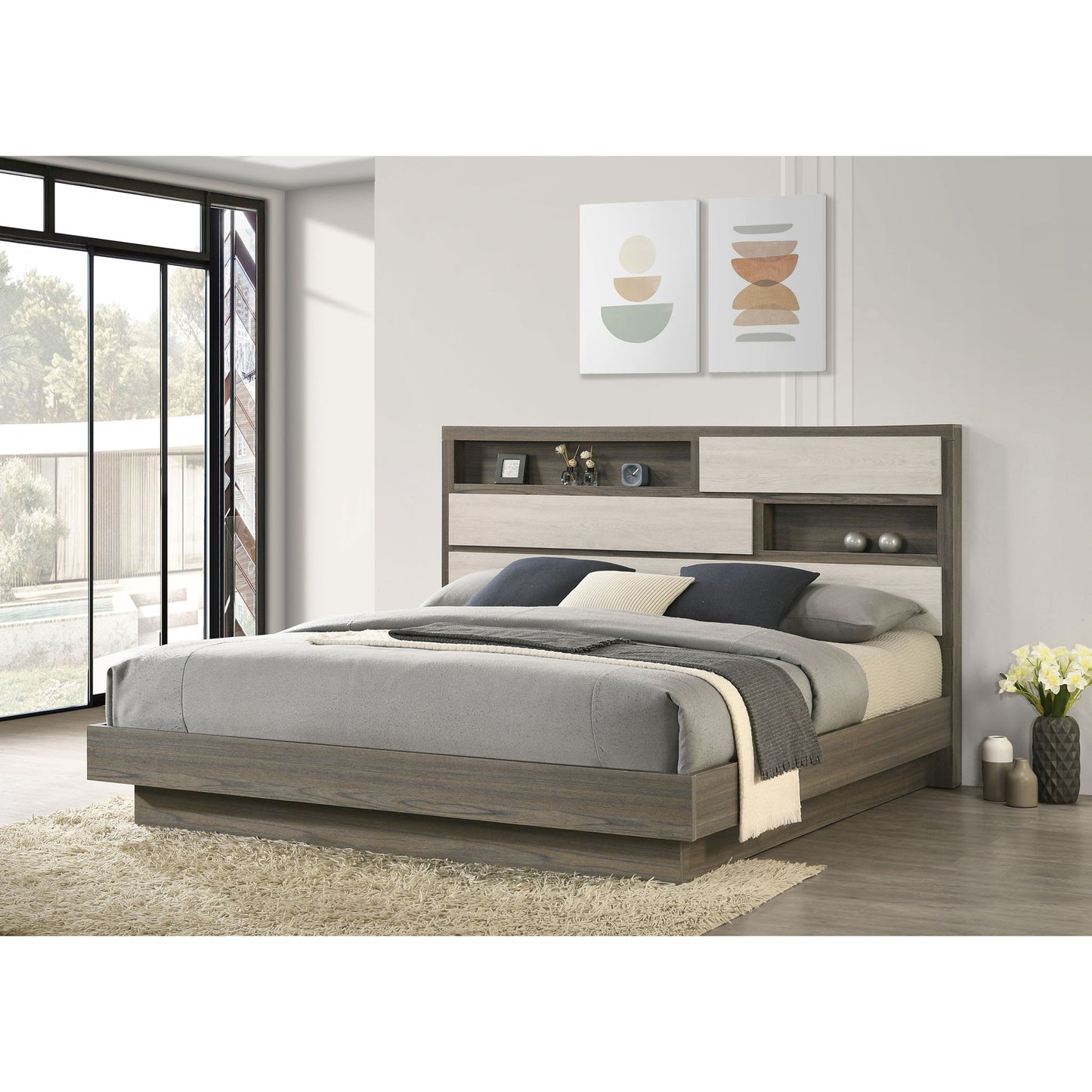 Eastern King Bed Bookcase Headboard With Hidden Storage - Oak