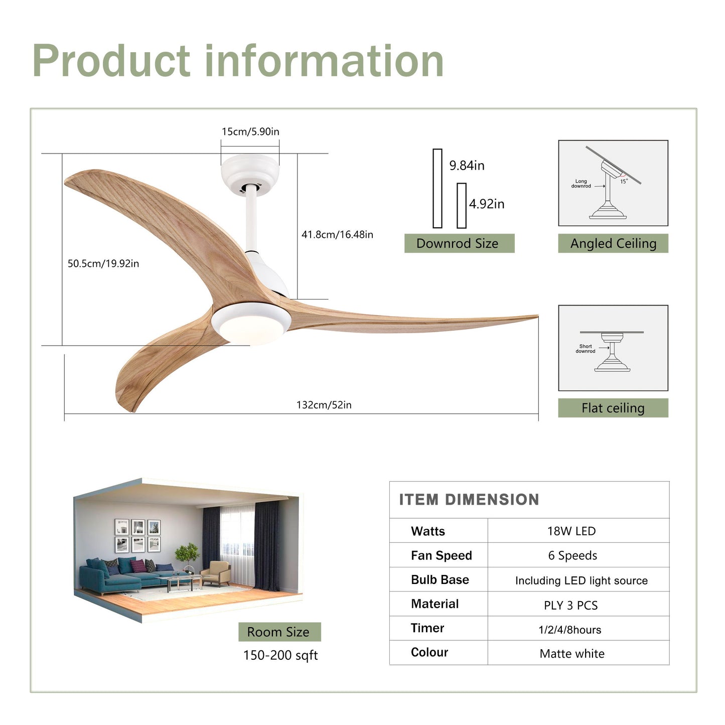 Indoor Outdoor Ceiling Fan With Light With Remote Control, Noiseless Reversible Motor, 6 Speed, 3 Color