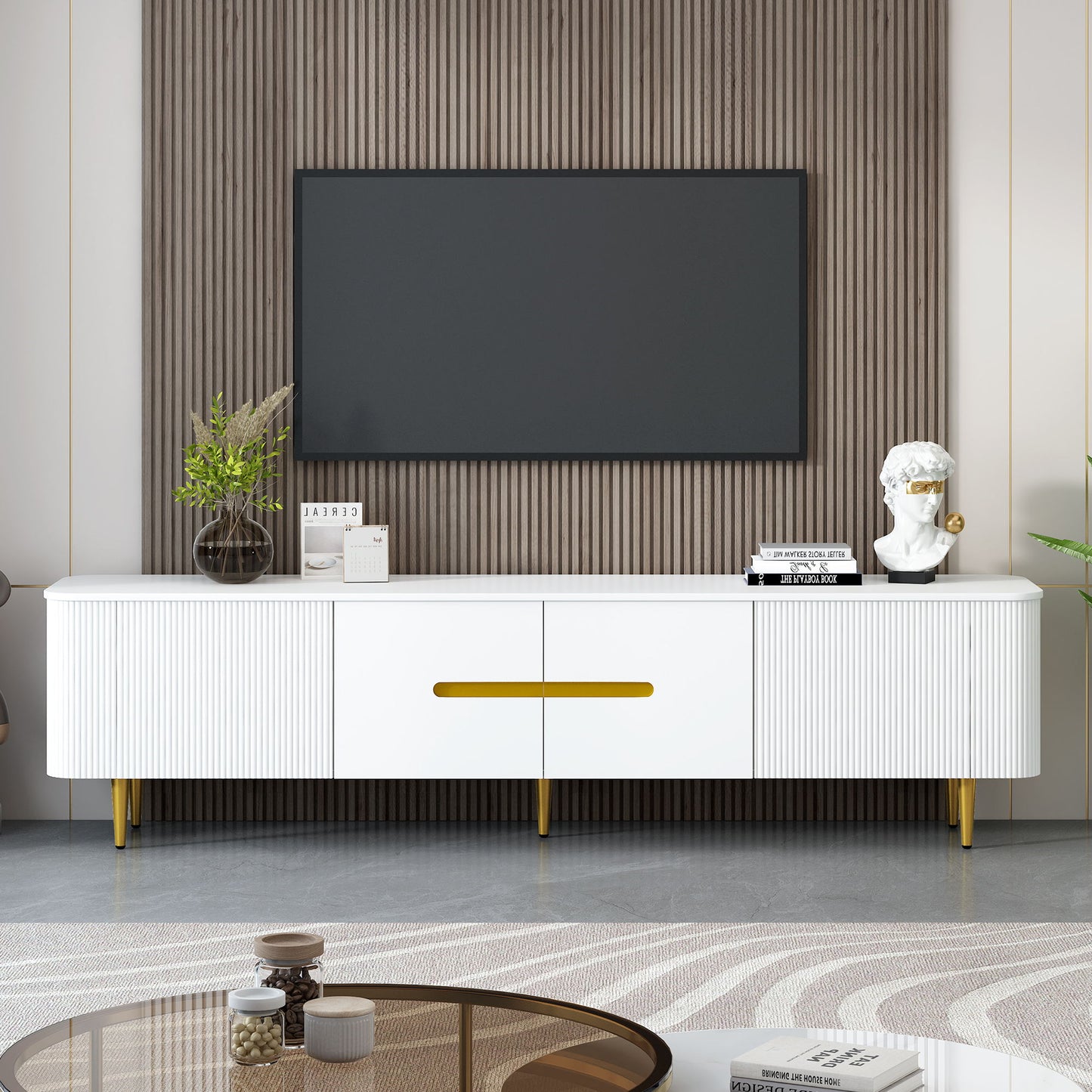 Minimalist TV Stand For TVs Up To 85", Modern Entertainment Center Media Console With 4 Spacious Cabinets For Living Room