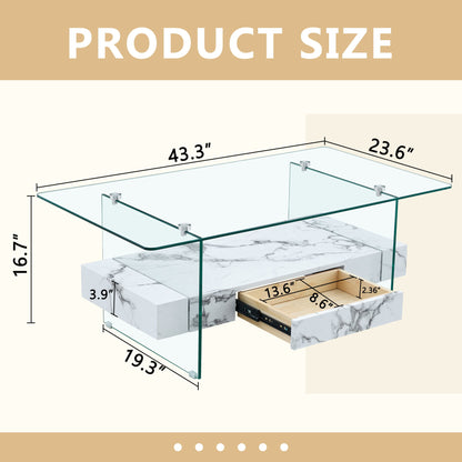 Modern 2 Tier Square Coffee Table, Elegant Marble Pattern