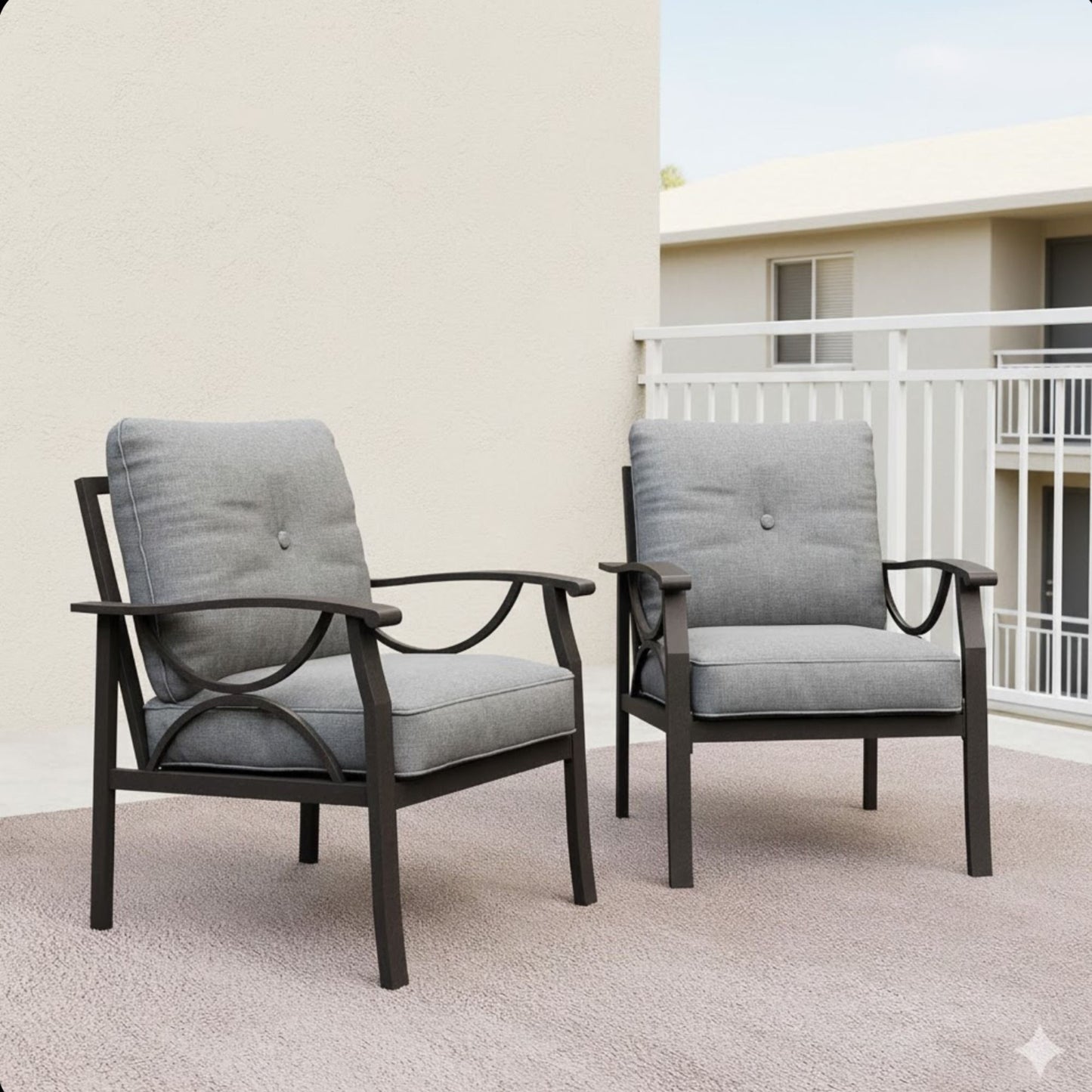 All Weather Armchairs With Cushions, Sculptural Design (Set of 2) - Gray / Khaki