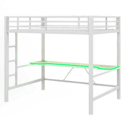 Gaming Metal Loft Bed Frame With LED Light, USB Charge Station And Desk