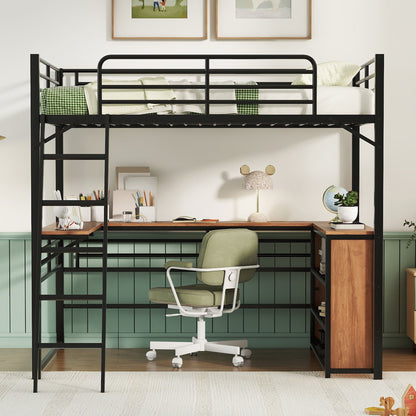 Loft Bed & 3 Layers Of Shelves And L-Shaped Desk