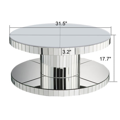 Luxury Double Tier Round Mirror Coffee & End Table With Fluted Glass Modern Sofa Side Table - Silver / Glass