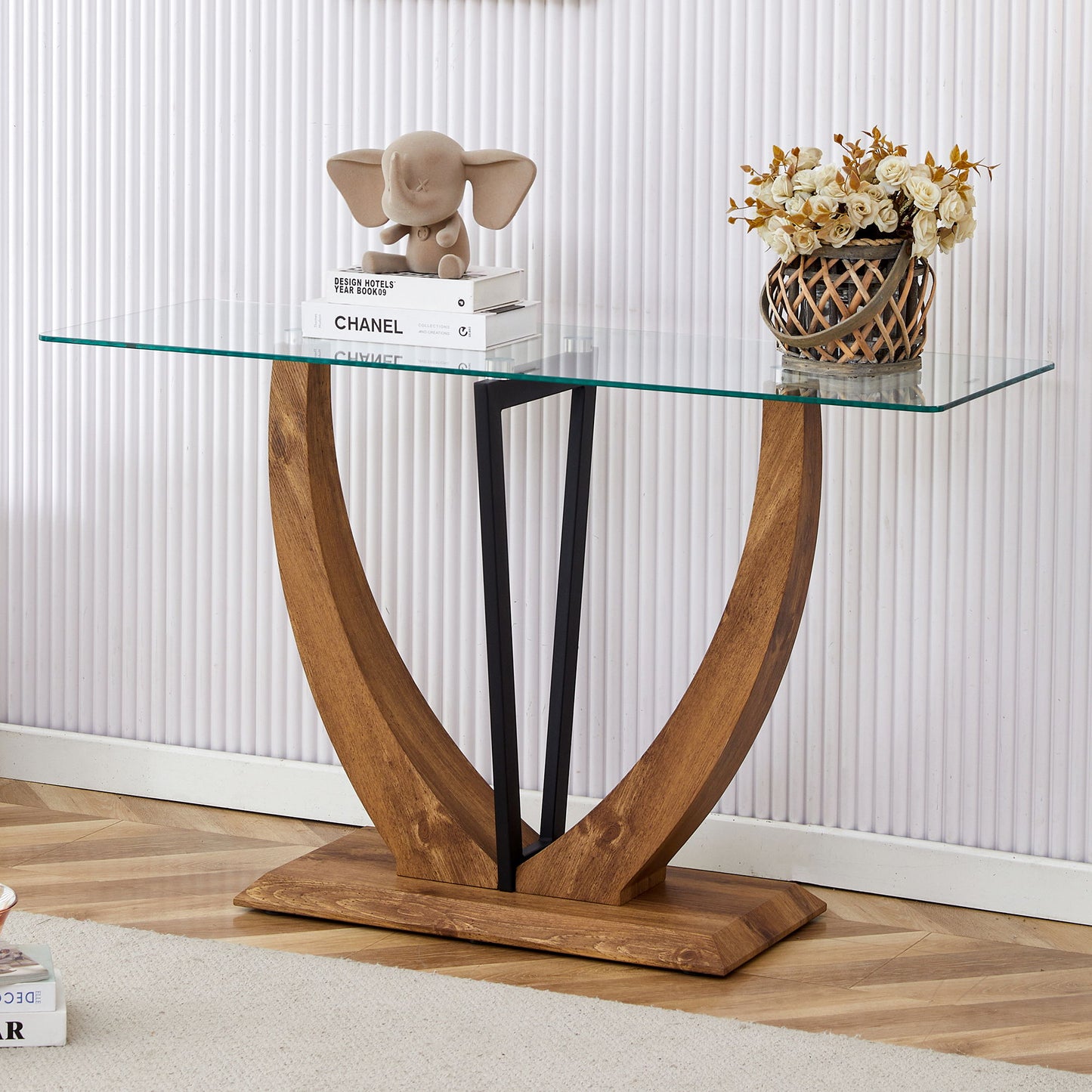Modern Minimalist Rectangular Glass Table With Tempered Glass Top And Wood Grain Legs For Entrance And Living Room - Transparent