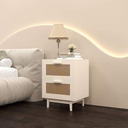 Nightstand With 2 Drawers, Storage Side Table For Bedroom - Antique Natural / Rattan