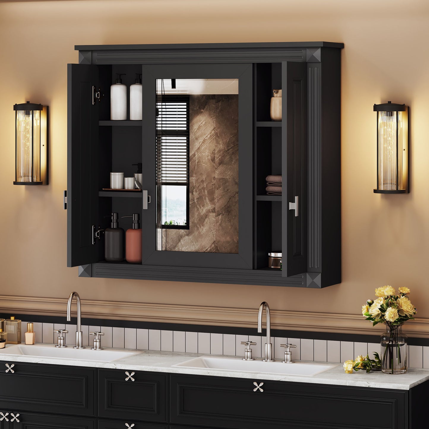 Wall Mounted Bathroom Cabinet With Mirror And 5 Shelves, Rectangular Design