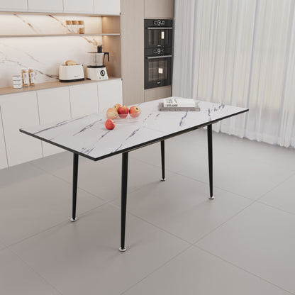 Modern Industrial Expandable Dining Table 47" To With Marble Pattern Top And Metal Legs - White
