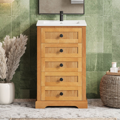 Bathroom Vanity With Integrated Sink, Soft-Closing Door - Natural Wood