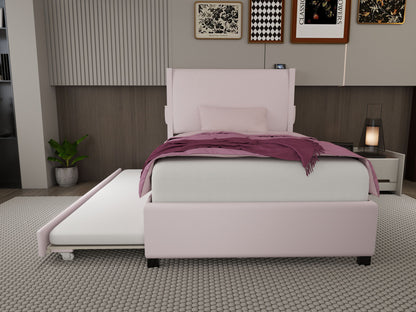 Twin Size Upholstered Bed Frame With Trundle Bed, Teddy Fabric, USB Functionality, And A Pocket Design On The Side Of The Headboard For Storing Small Items - Baby Pink