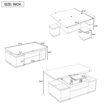 Multi Functional Adjustable Coffee Table With 4 Storage Stools