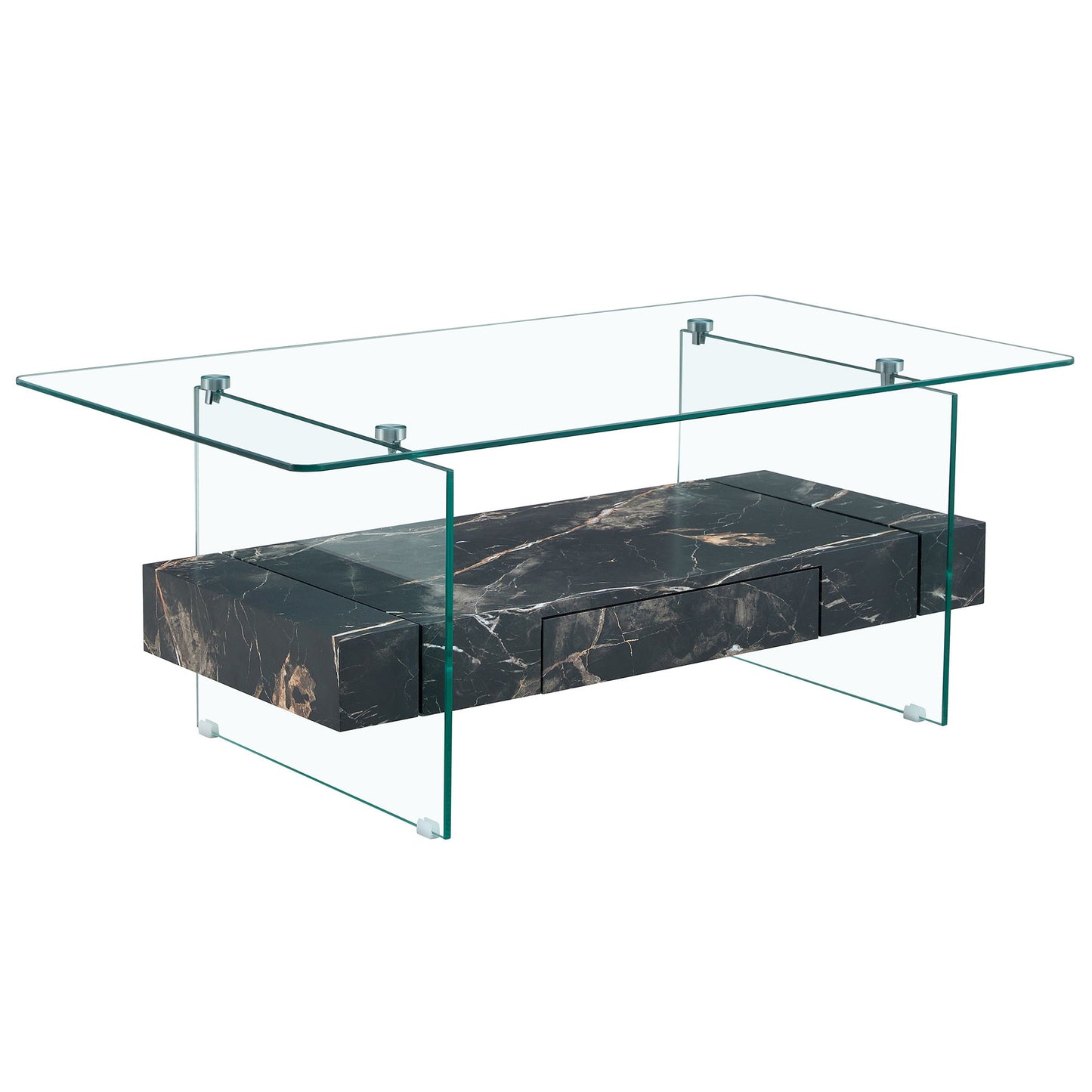 Modern 2 Tier Square Coffee Table, Elegant Marble Pattern