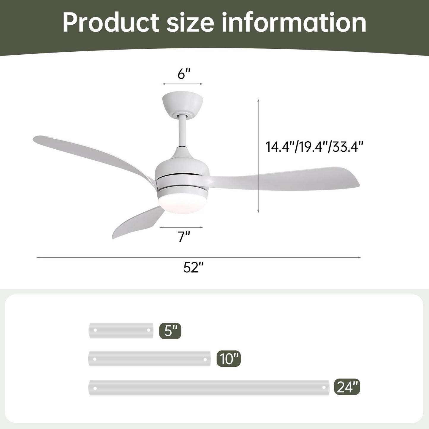 Ceiling Fan With 3 Blades, Remote Control, Reversible DC Motor, Noiseless Operation, 3 Downrods
