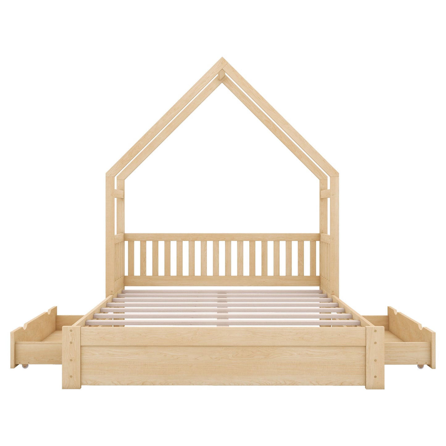 House Style Platform Bed With Guardrail And 2 Drawers