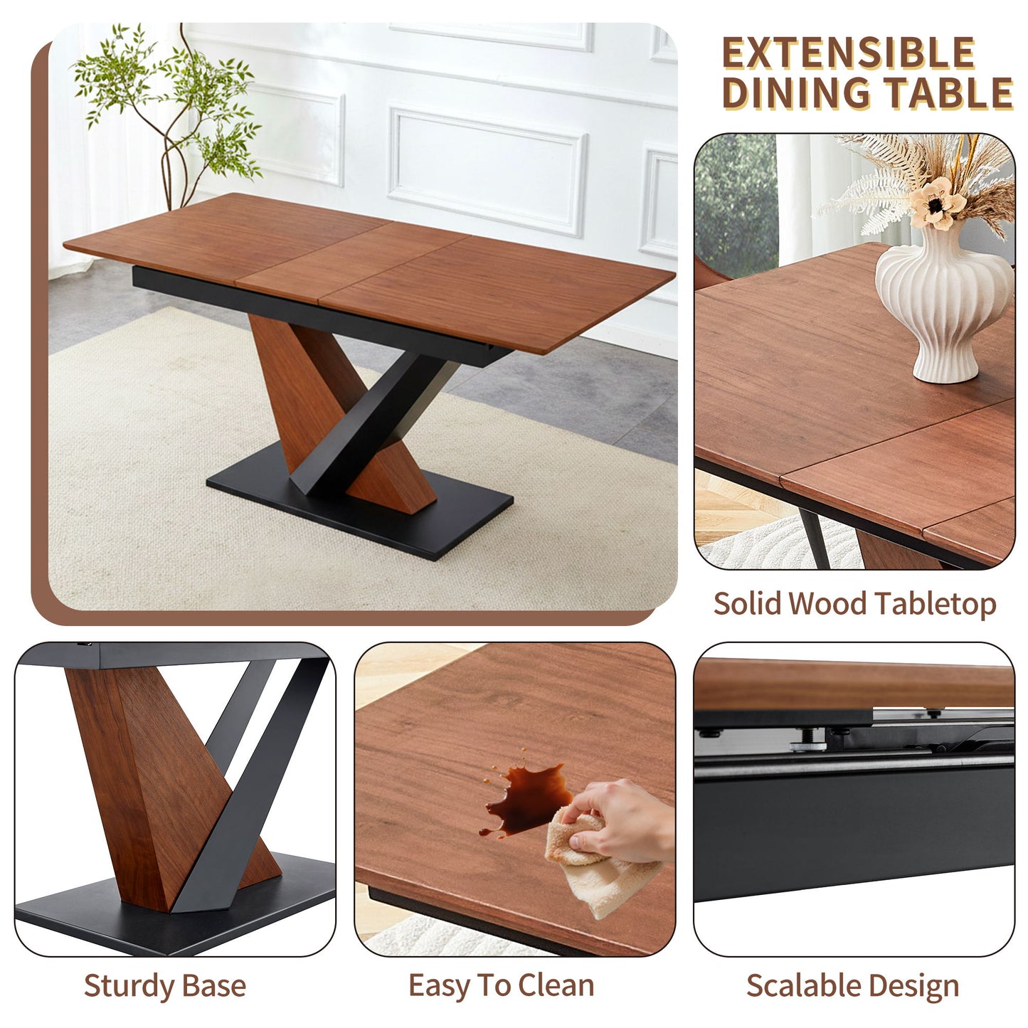 Dining Table, Scratch Resistant, Cross Geometric Legs For Kitchen & Dining Room - Dark Walnut