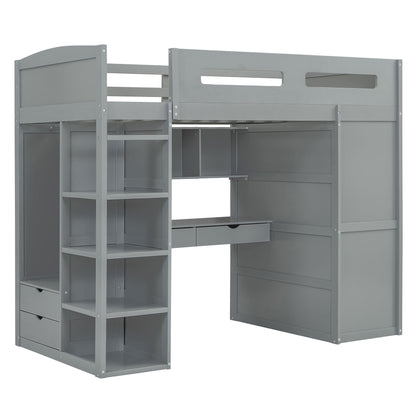 Loft Bed With Desk, Wardrobes, 4 Drawers And 4 Shelves