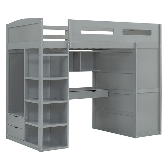 Loft Bed With Desk, Wardrobes, 4 Drawers And 4 Shelves