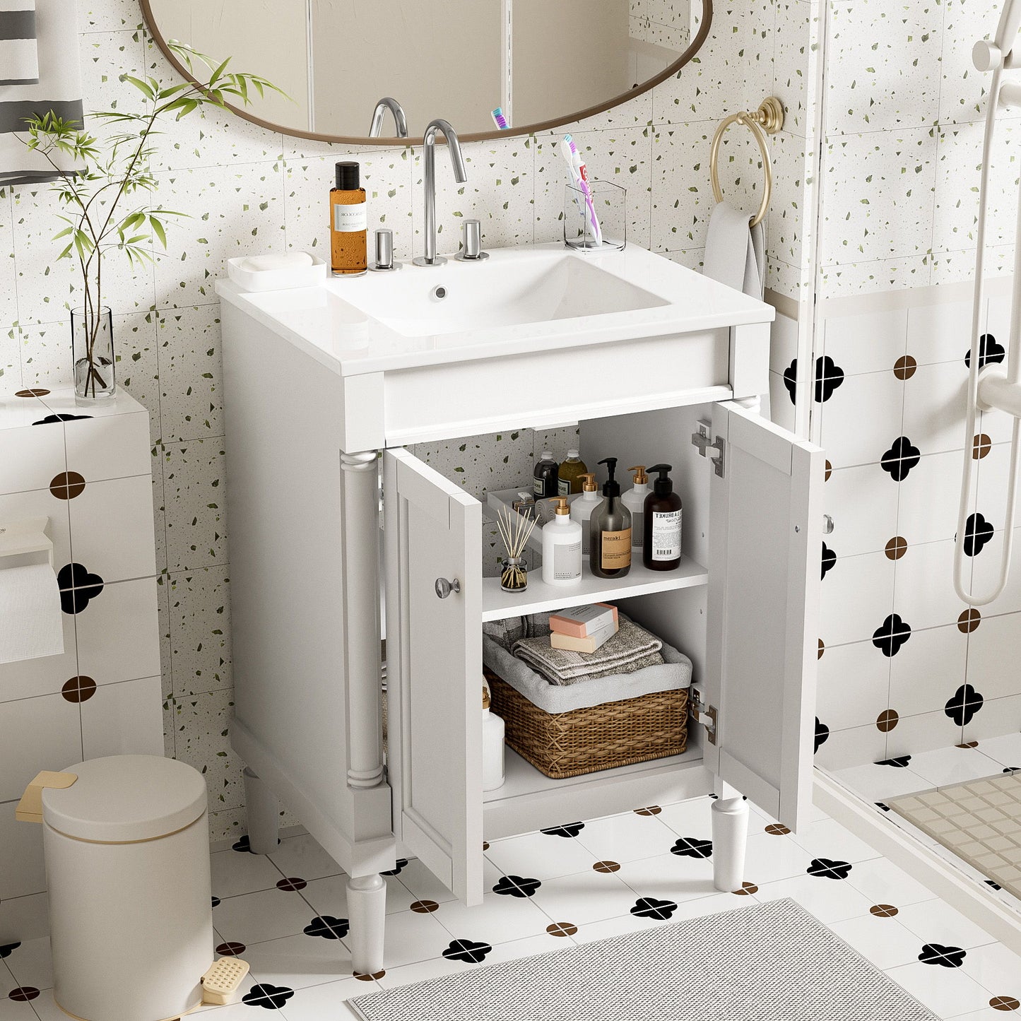 Bathroom Vanity With Top Sink, 2 Tier Storage Cabinet