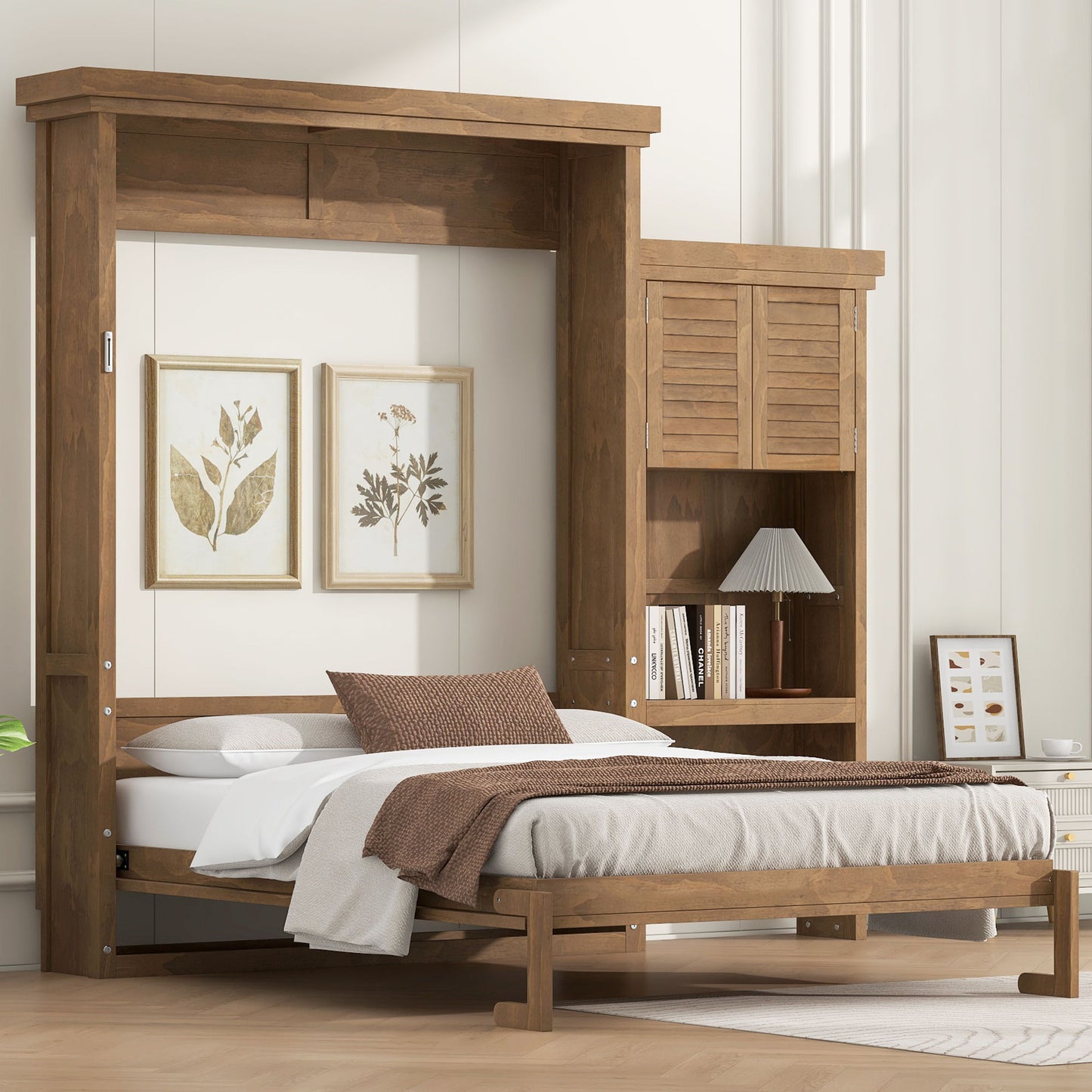 Queen Size Murphy Bed With Louvered Design And Multiple Storage Shelves - Wood