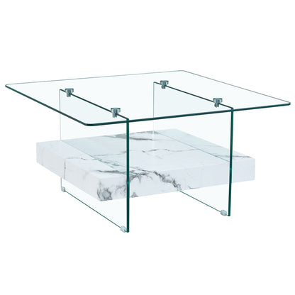 Modern 2 Tier Square Coffee Table, Elegant Marble Pattern