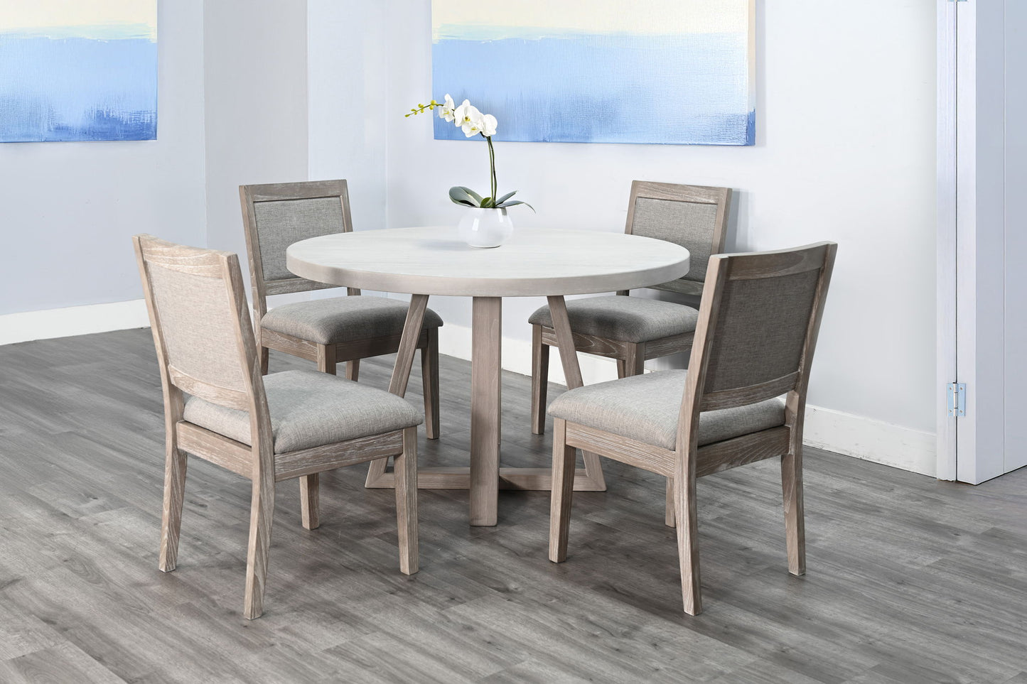 Rowan - 5 Piece Round Dining Set (Table, 4 Upholstered Back Chairs) - Light Gray / Wheat