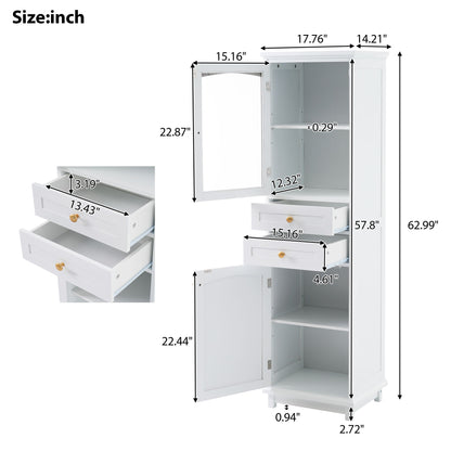 Tall Bathroom Storage Cabinet With Glass Doors, Free-Standing, Two Drawers, And Adjustable Shelves, Board, Painted Perfect For Displaying Your Favorite Items