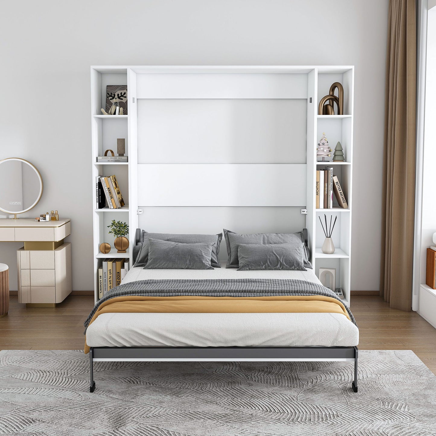 Queen Murphy Bed With Storage Cabinet - White