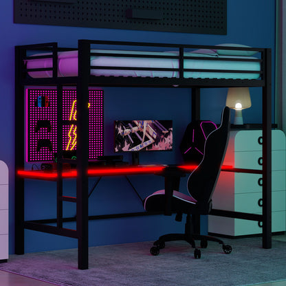 Gaming Metal Loft Bed Frame With LED Light, USB Charge Station And Desk