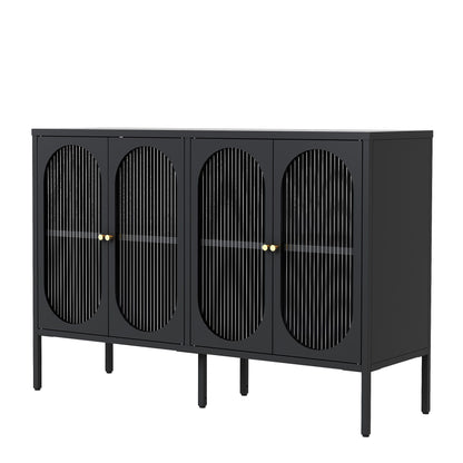 Modern Metal Sideboard Cabinet With 4 Glass Doors, Steel Kitchen Storage And Coffee Bar Cabinet - Black