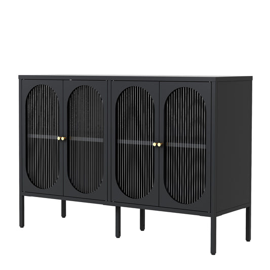 Modern Metal Sideboard Cabinet With 4 Glass Doors, Steel Kitchen Storage And Coffee Bar Cabinet - Black