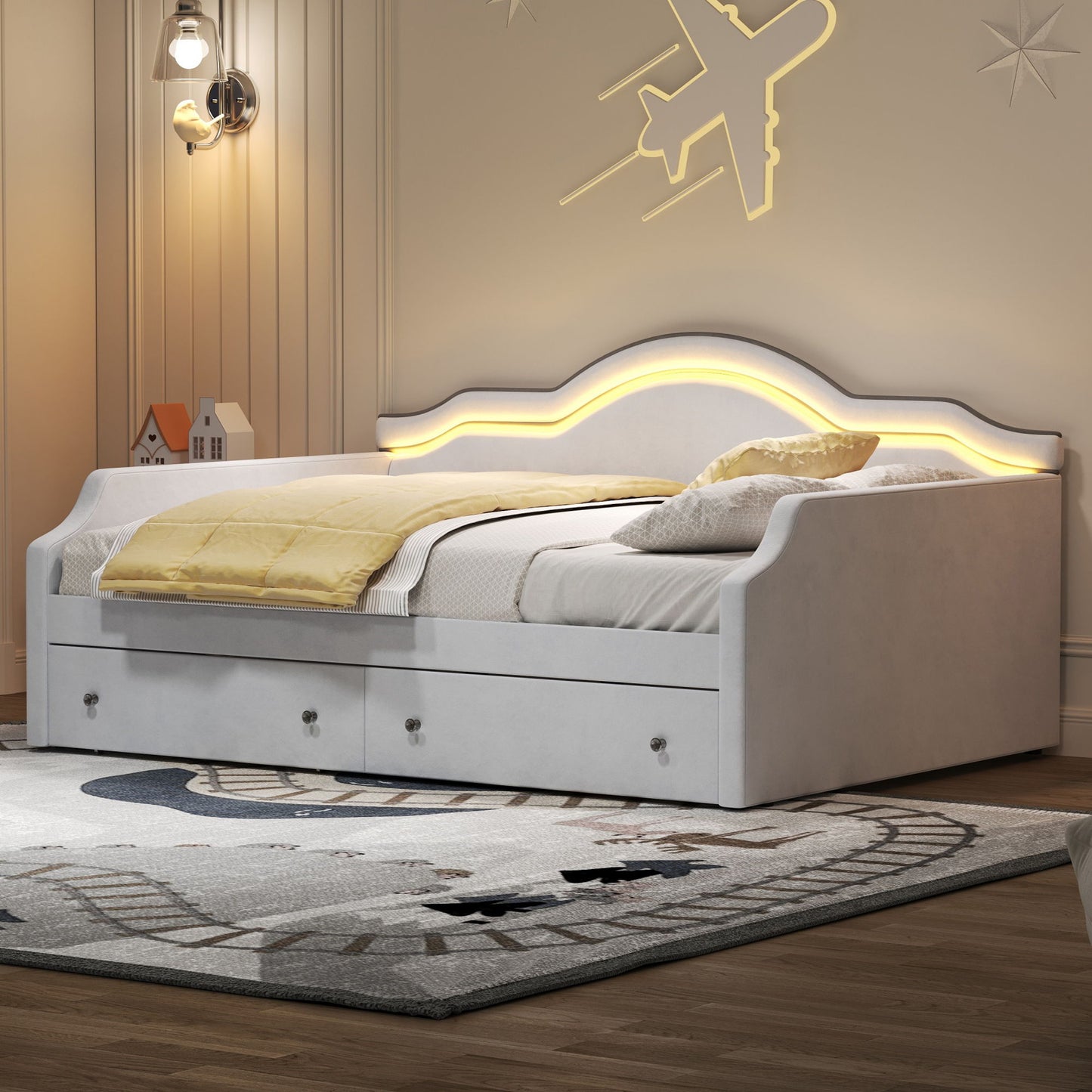 Upholstered Daybed With LED Lights And 2 Drawersme