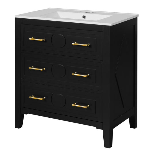 Retro Bathroom Vanity With Sink Combo, Free Standing Single Set With 3 Drawers