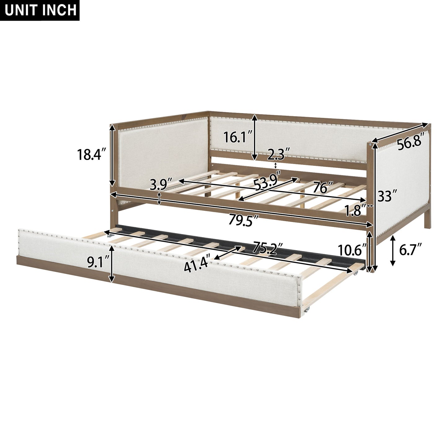 Full Size Daybed With Trundle And Nailhead Decoration - Wood