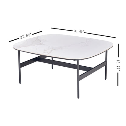 Modern Rectangular Rock Plate Coffee Table Open Space Design Golden Metal Frame Minimalist Living Room Center Table For Lounge Office - Black White