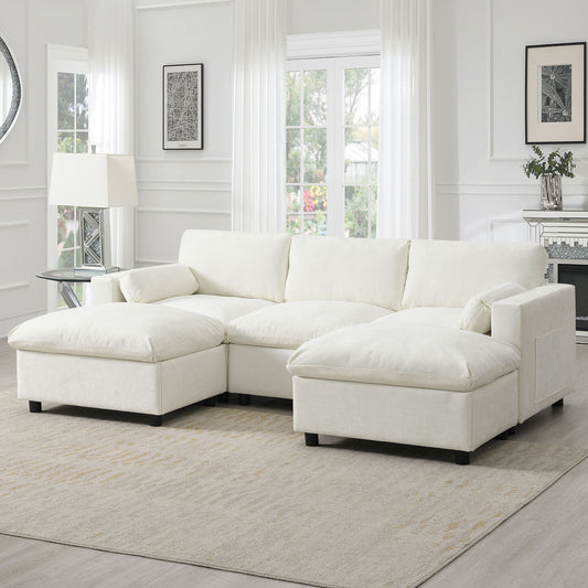 Modular Sectional With Storage Pockets, 5 Seat U Shaped Couch Set With Pillows, Free Combination Modern Cloud Sofa With 2 Movable Ottoman