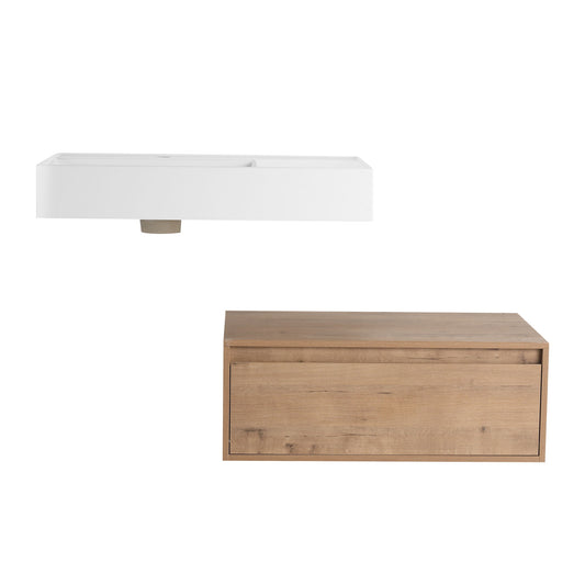 Modern Wall Mounted Bathroom Vanity With Resin Sink And Side Cabinet, Soft Close Drawer, Imitative - Imitative Oak