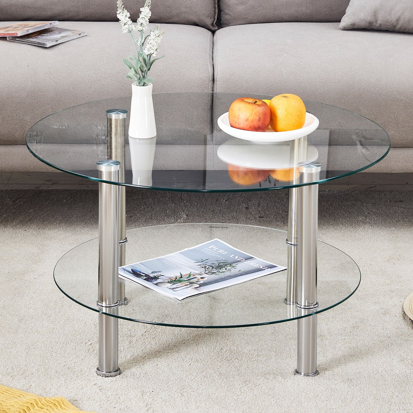 Contemporary Minimalist Double Layer Tempered Glass Coffee Table
