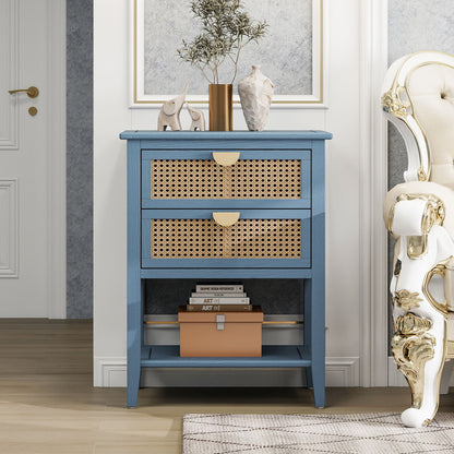 2 Drawer Side Table, Natural Rattan