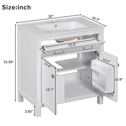 Bathroom Vanity With Ceramic Sink, Modern Single Bathroom Cabinet With 2 Doors And A Shelf, Soft Close Doors