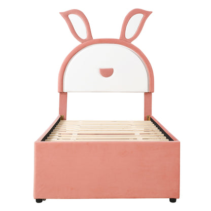Upholstered Platform Bed With Trundle And 3 Drawers, Rabbit-Shaped Headboard With Embedded LED Lights
