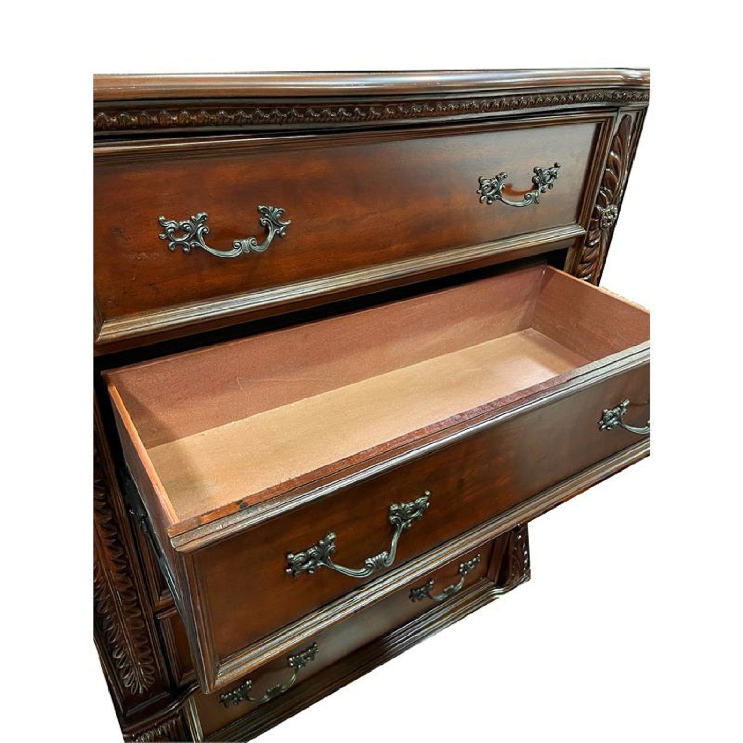 3 Drawer Nightstand, Bedside Table Hand Carved Storage For Bedroom - Cherry